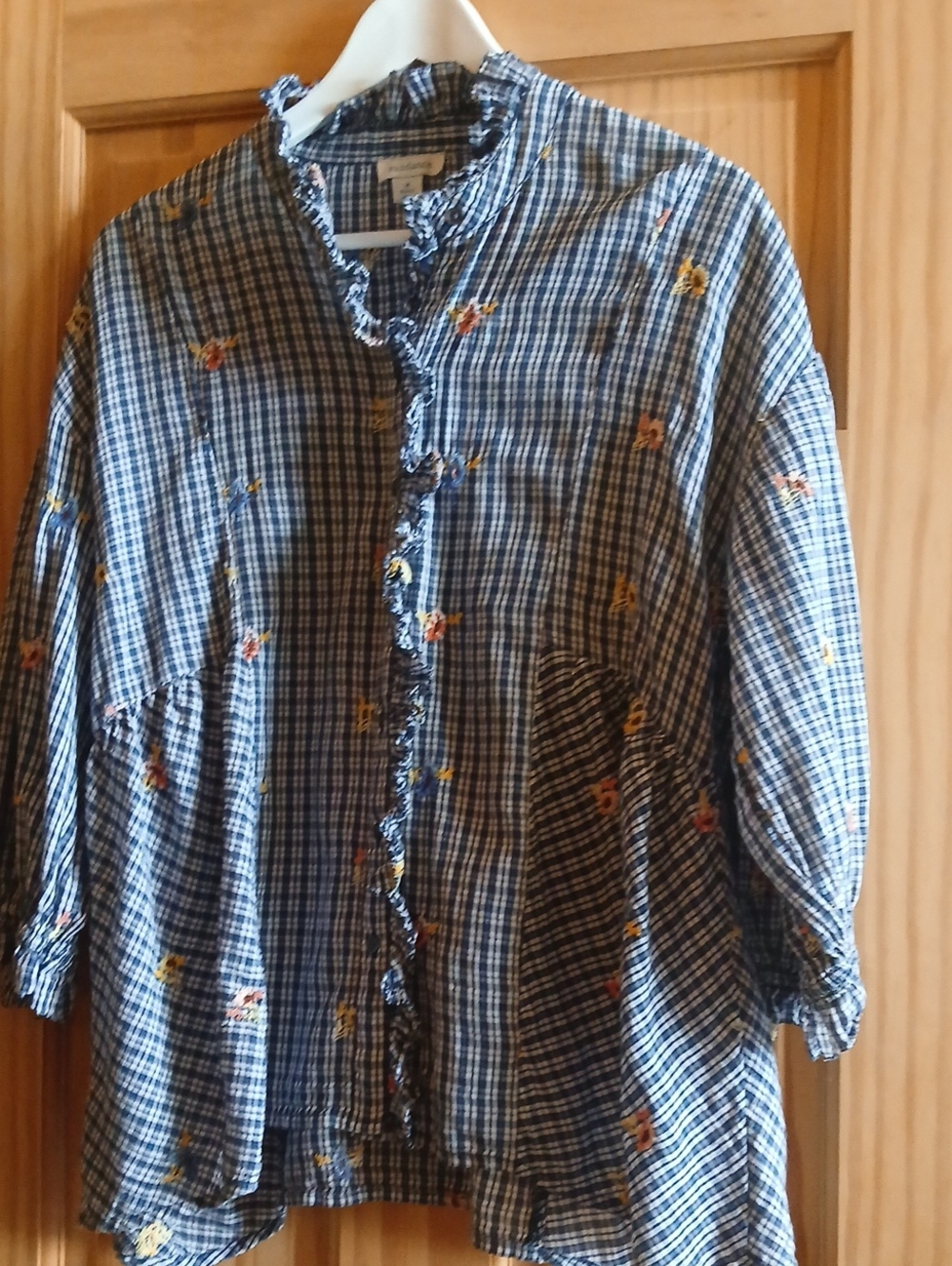Sundance Blue Plaid Ruffled Button-Front Blouse with Floral Embroidery